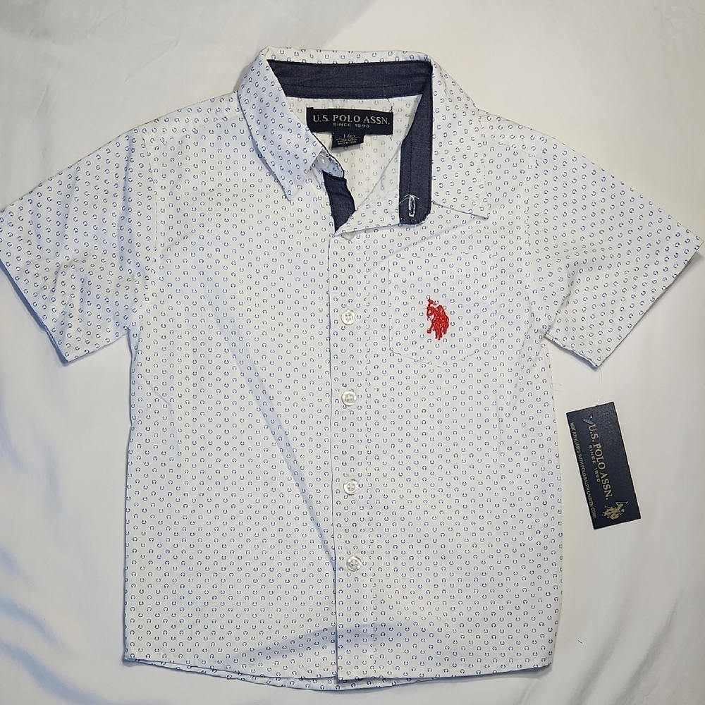 U.S. Polo Assn Boys Button Down Shirt XL(7) White Head Phone Print Short Sleeve